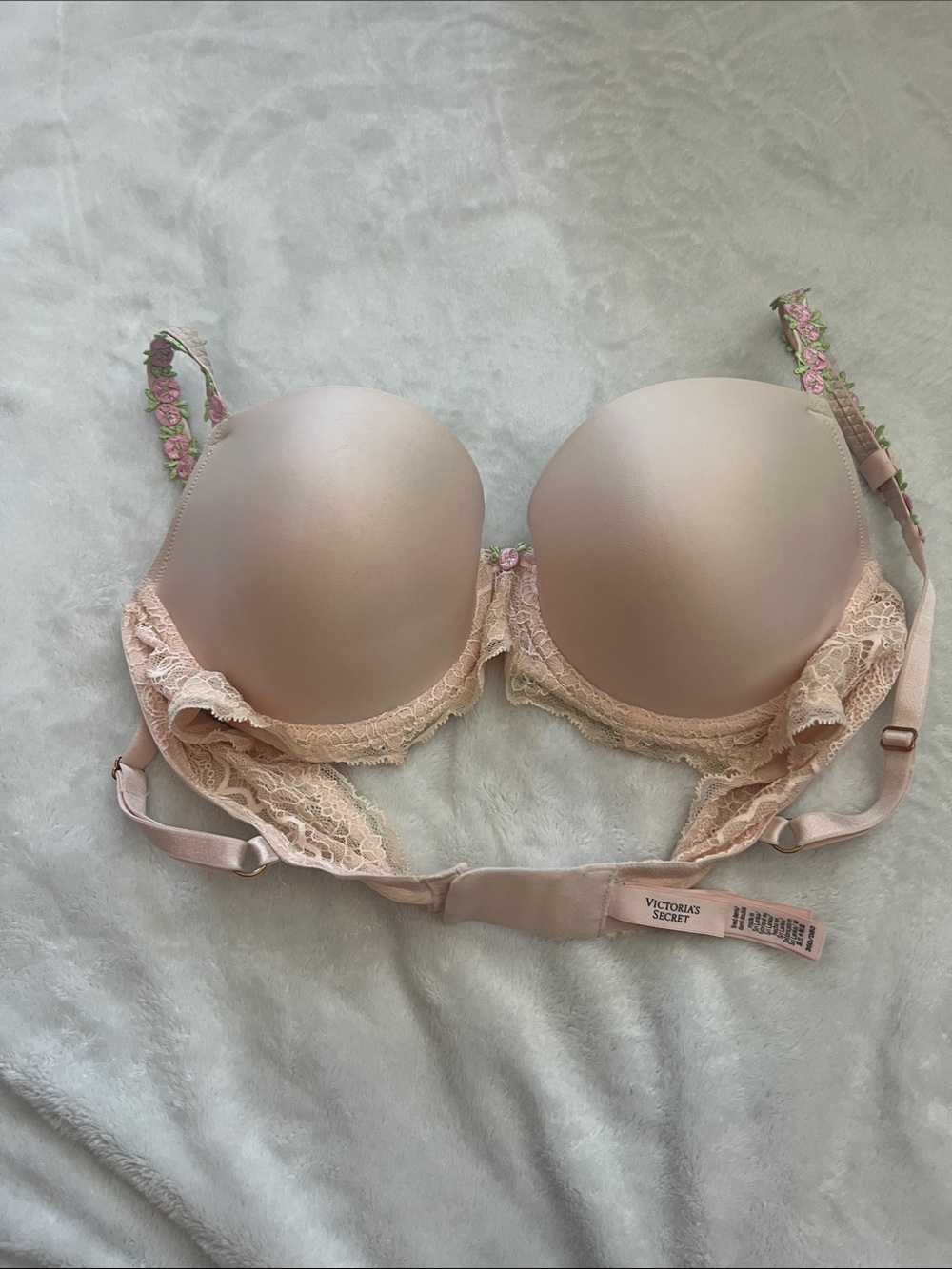 Victoria's Secret Blush Pink Lace Push-Up Bra with Floral Straps